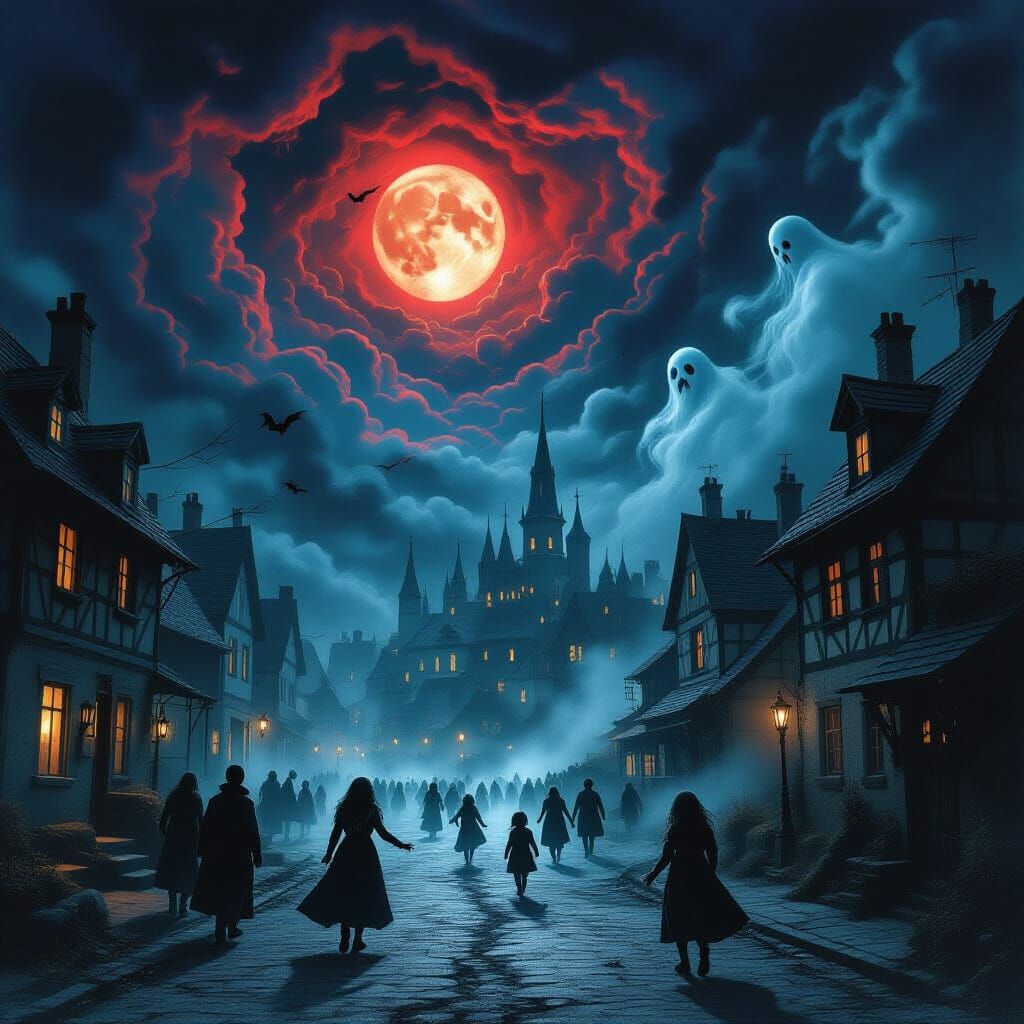 Haunted Town Under Crimson Clouds with Terrified Townsfolk