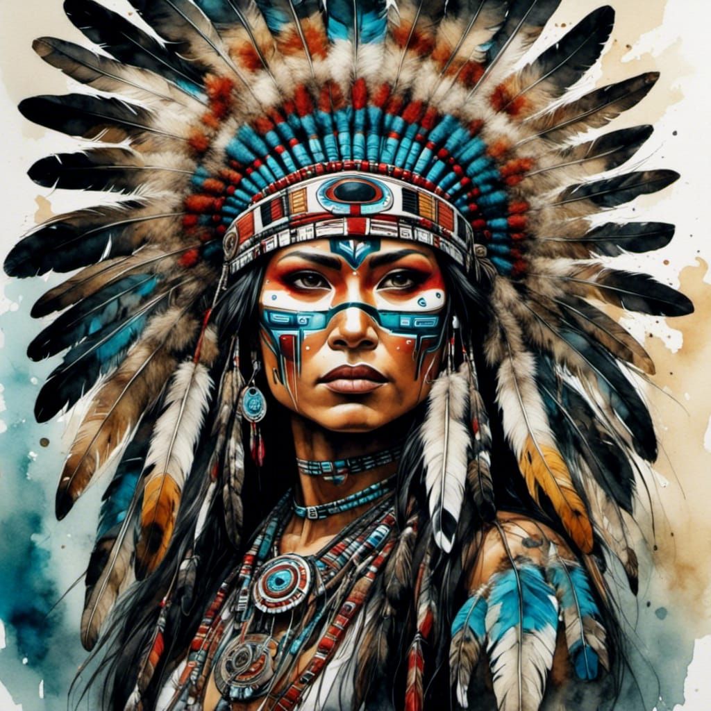 Iroquois Princess in Water-Ink Color Style