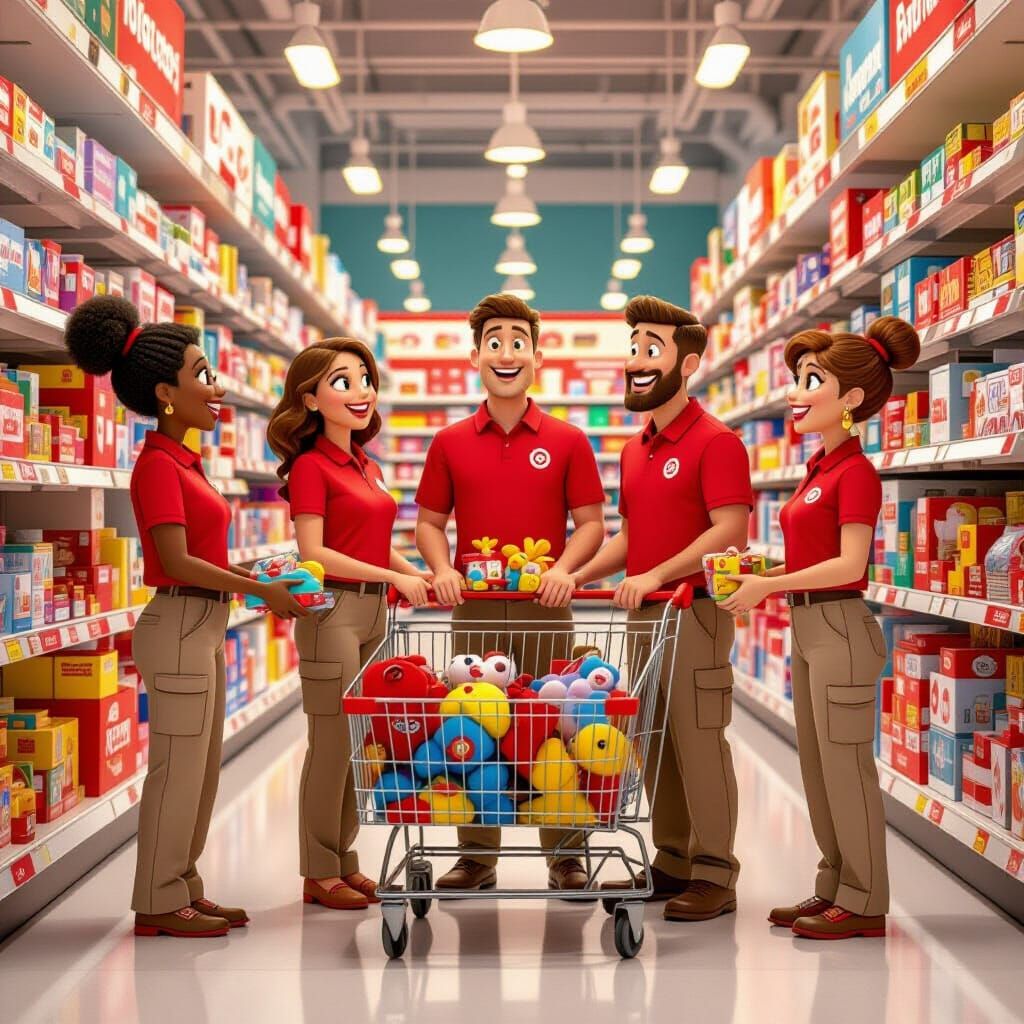 Target Team Members Stocking Toys in Pixar Style