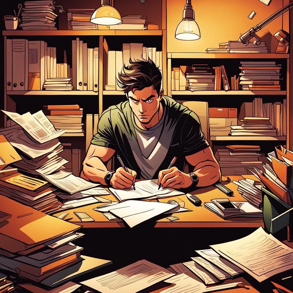 Young Man Working in Room, Comic Style Illustration