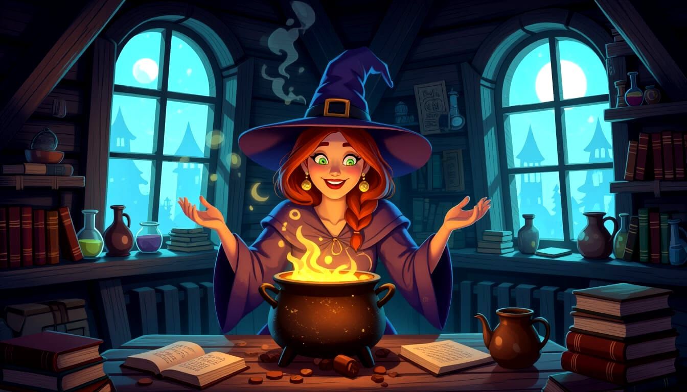 Whimsical Witch Brews Potion in Cozy Cottage