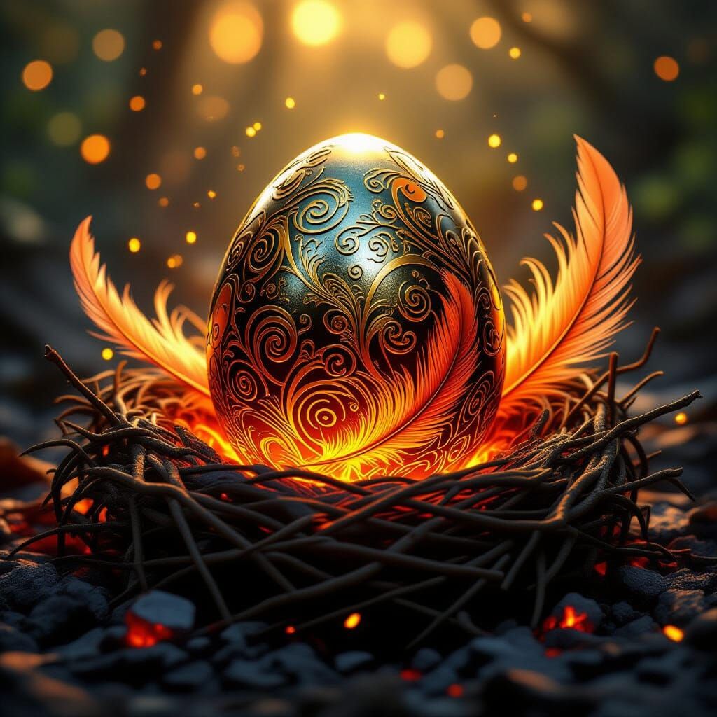 Phoenix Egg in Embers: Detailed Digital Art