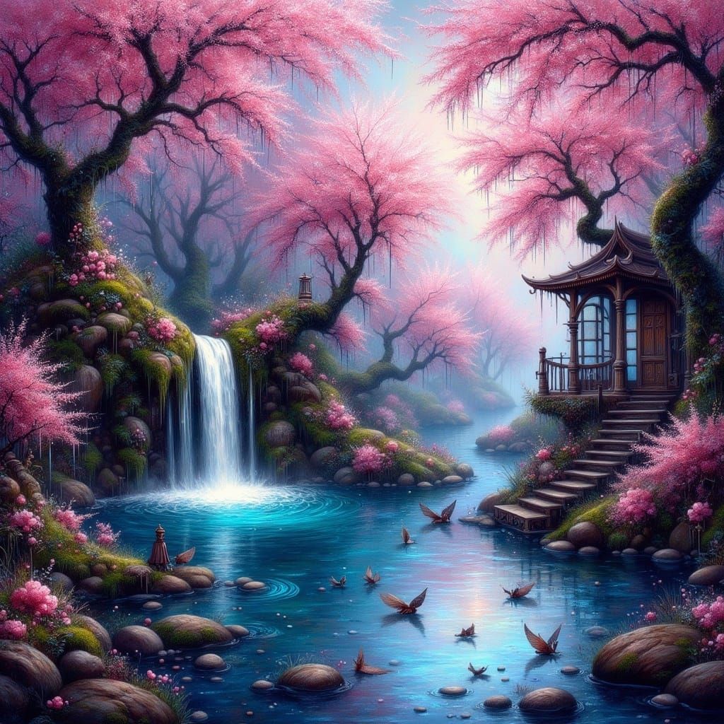 Gothic Cherry Blossom Waterfall in Fairy Punk Style