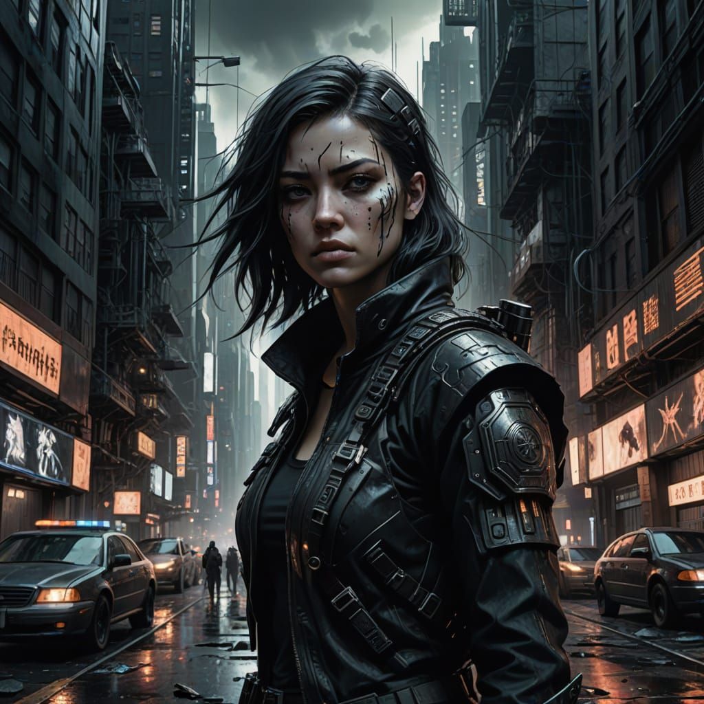 Cyberpunk Warrior Woman in Divided New York