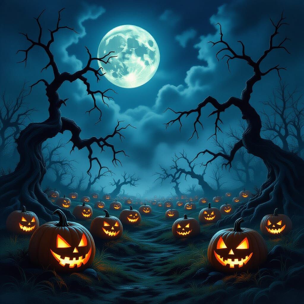 Eerie Pumpkin Patch Under Full Moon