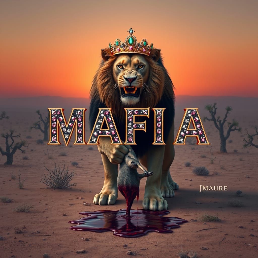 Regal Lion Dominates Desert Landscape, Formed by Dripping Bl...