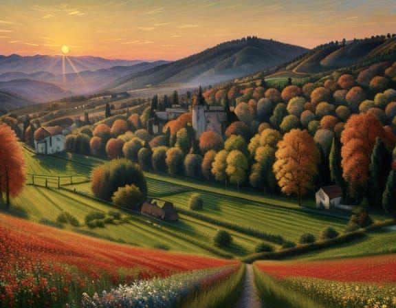 Autumn Sunrise Over Bavarian Village in Impressionist Style