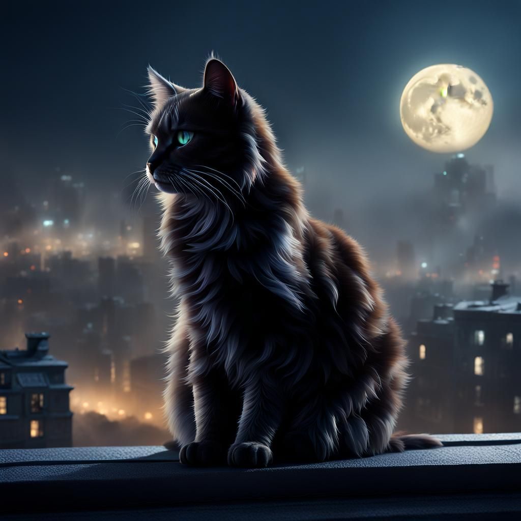 Ethereal Fog Cat on City Rooftop