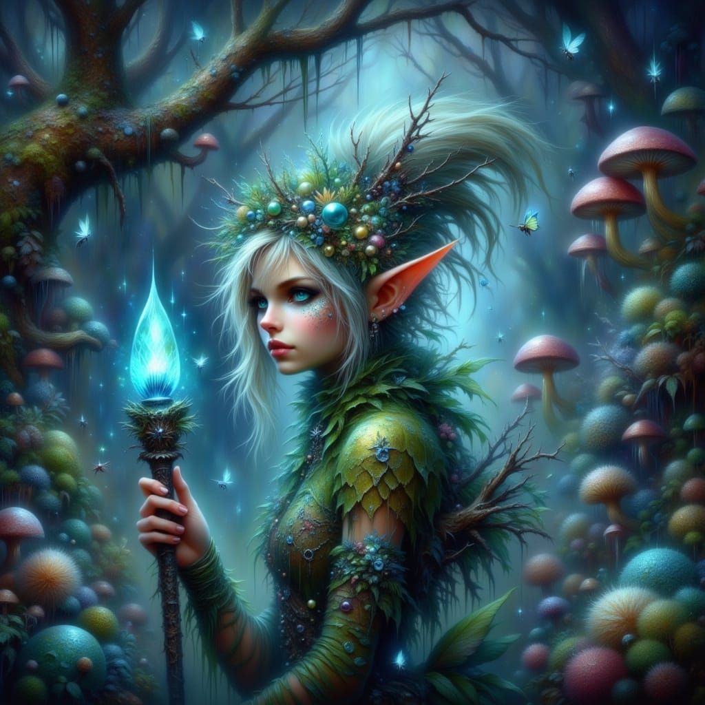 Enchanted Forest Elf in Dreamy Twilight Scene