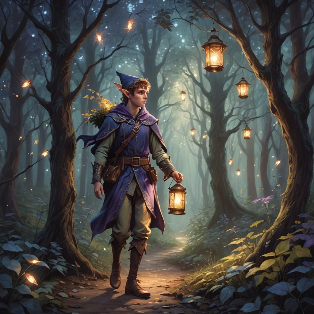 Elf Walks in Forest Deep with Lantern