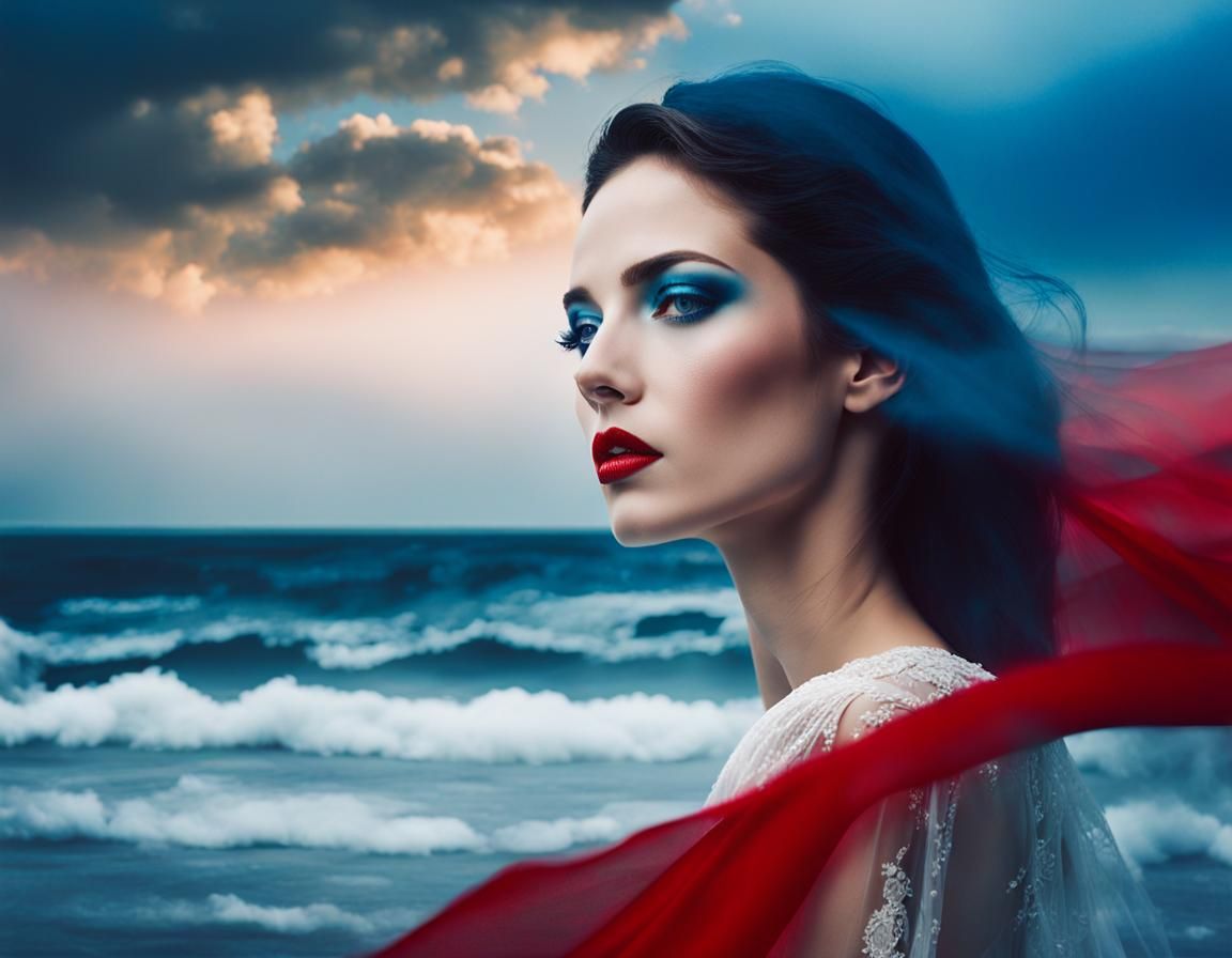 Ethereal Double Exposure: Woman with Tears and Ocean