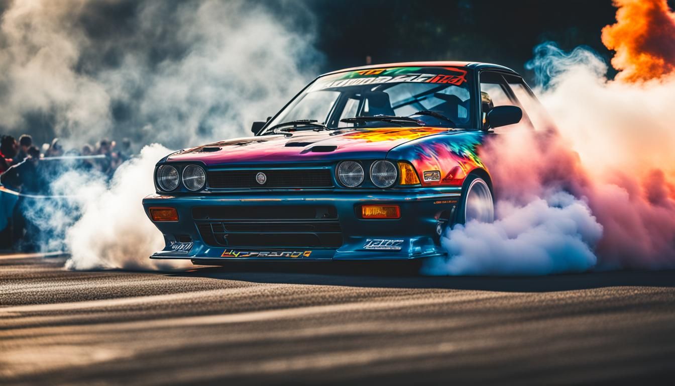 Colorful JDM Car Drifting with Flames and Smoke