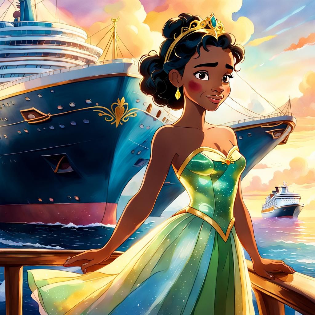 Tiana on a Cruise Ship in Watercolor Style
