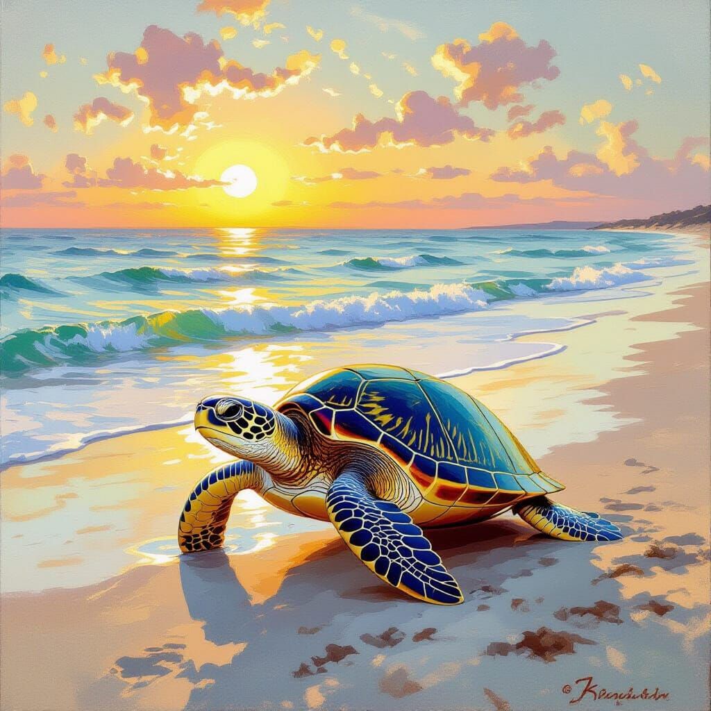 Majestic Sea Turtle on Beach at Sunset