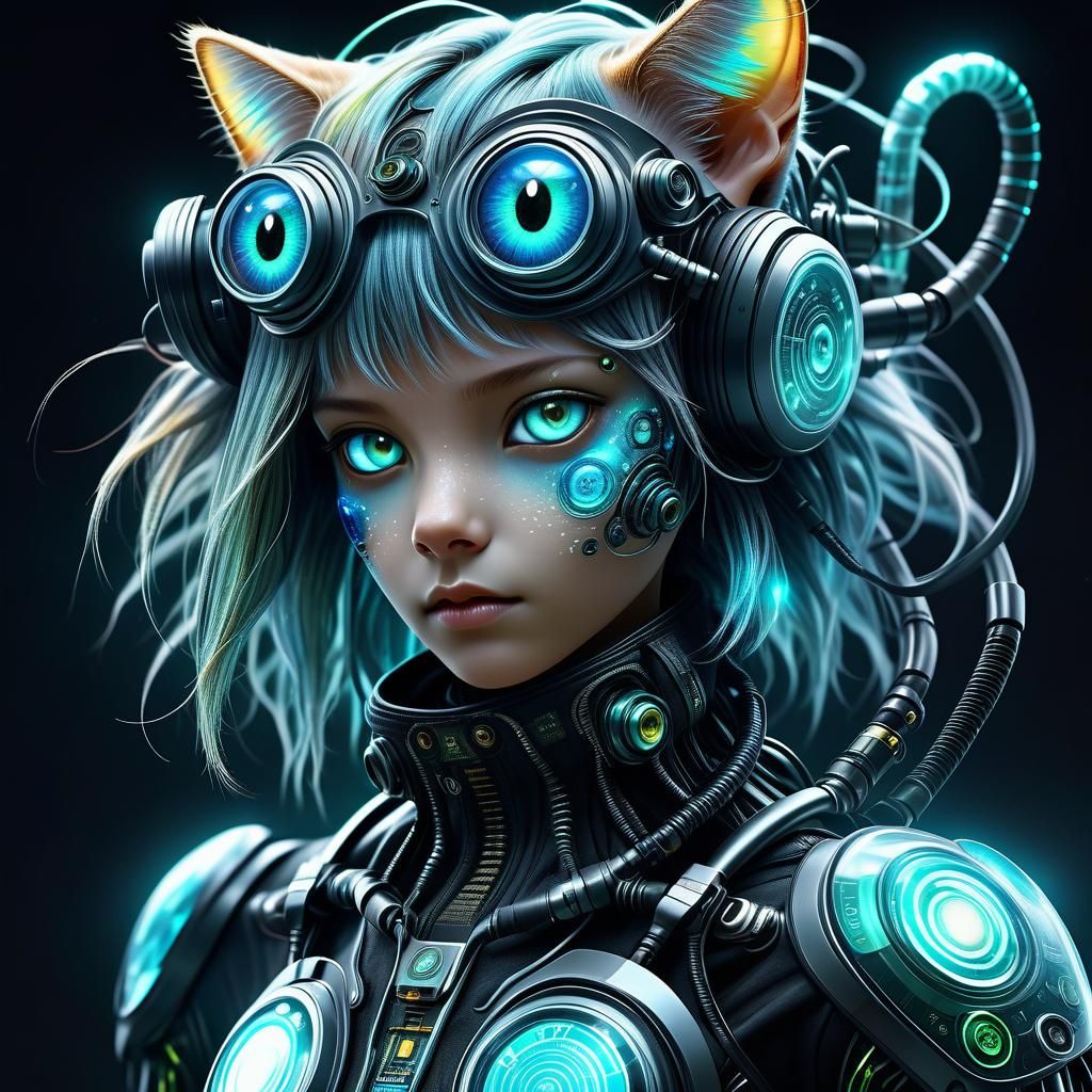 Translucent Biopunk with Bioluminescent Hair, Mixed Media