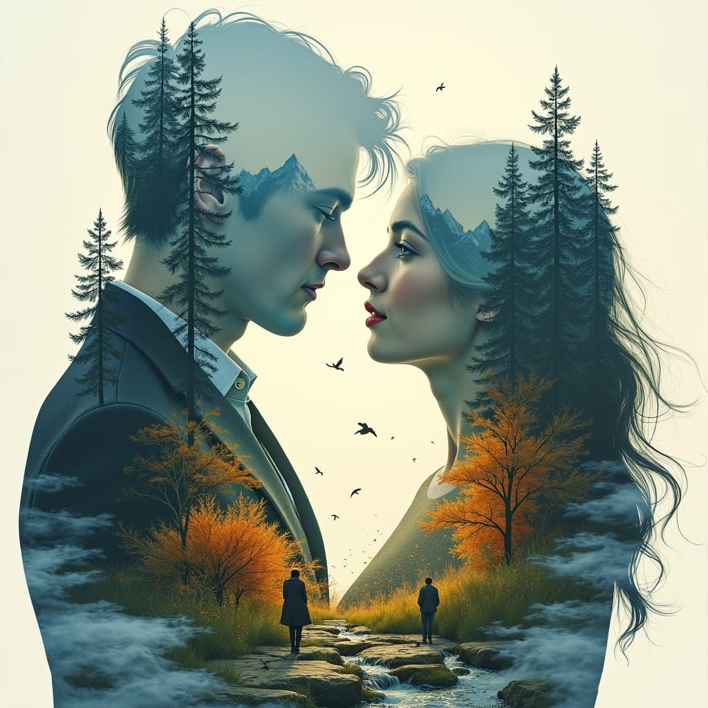 Seasonal Love: Double Exposure Manhwa-Inspired Portrait