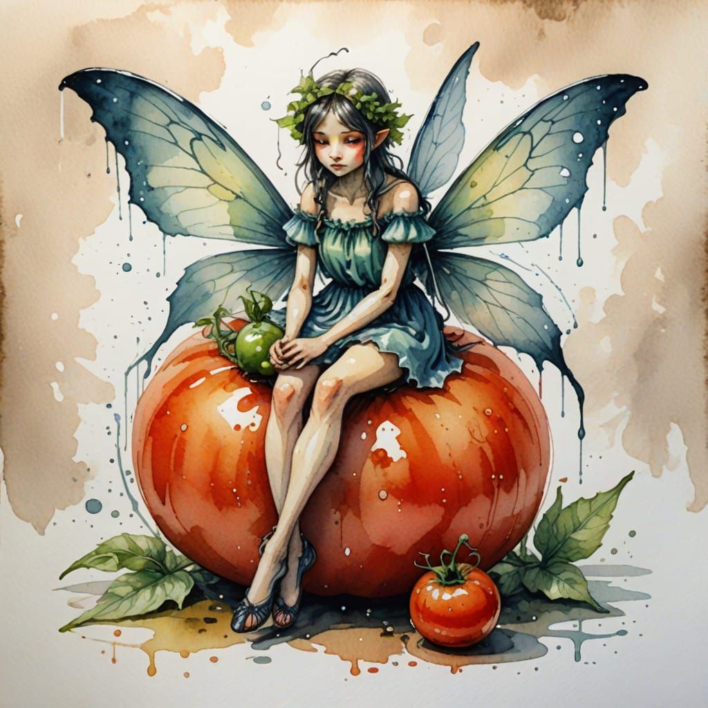 Watercolor Fairy Sits on a Tomato in Muted Colors