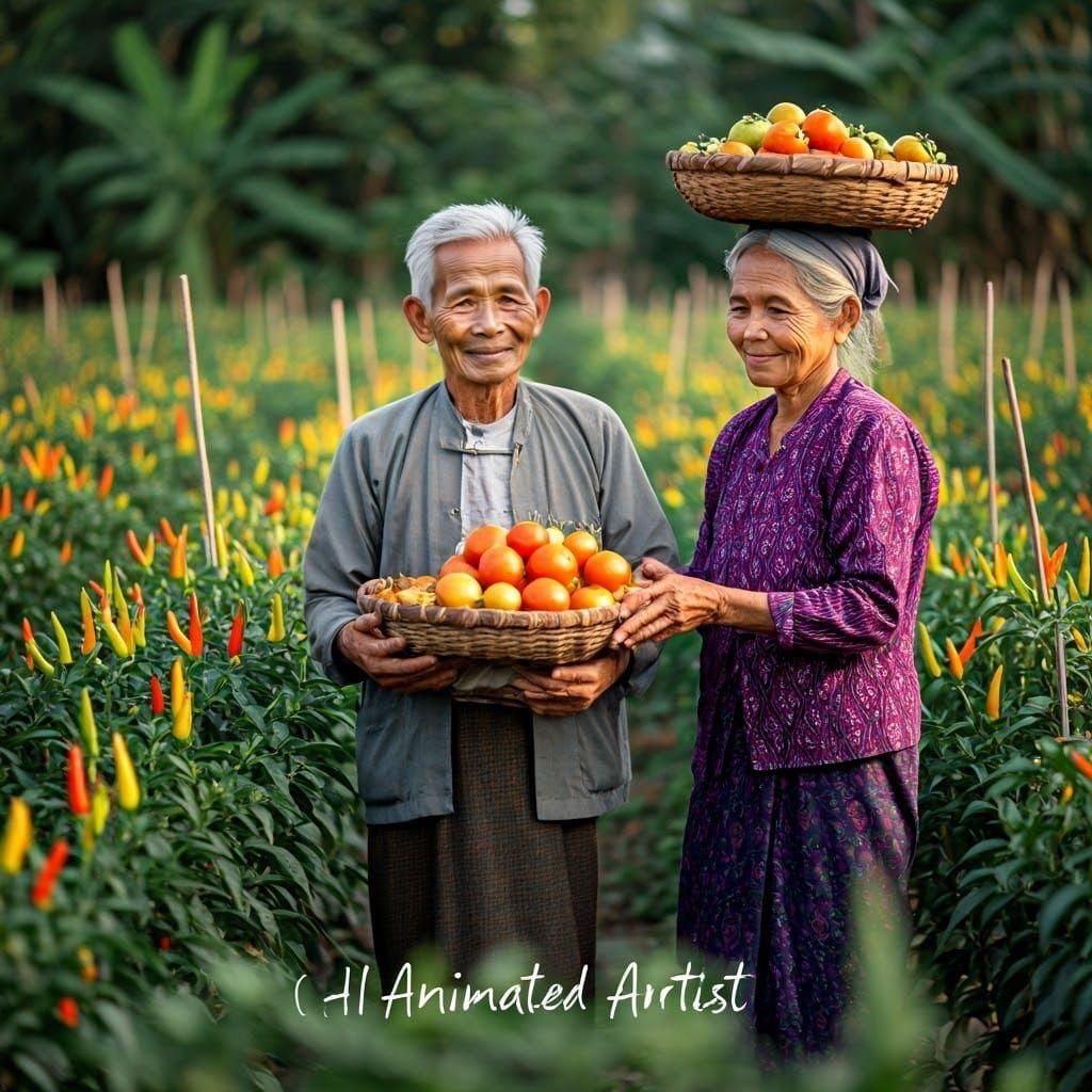 Myanmar Gardeners in Chili Field, Realistic Photo