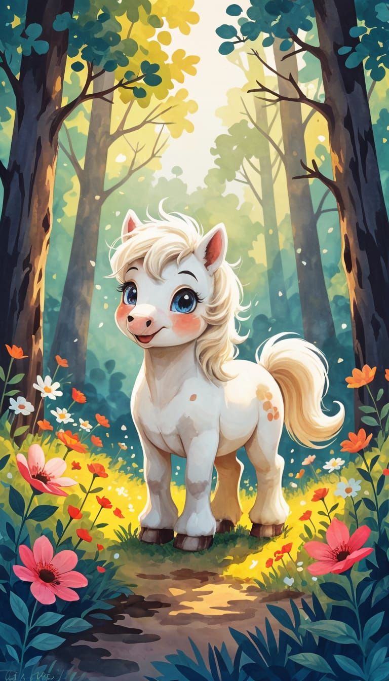 Cute Fluffy Horse in Dense Forest, Watercolor Ink Wash