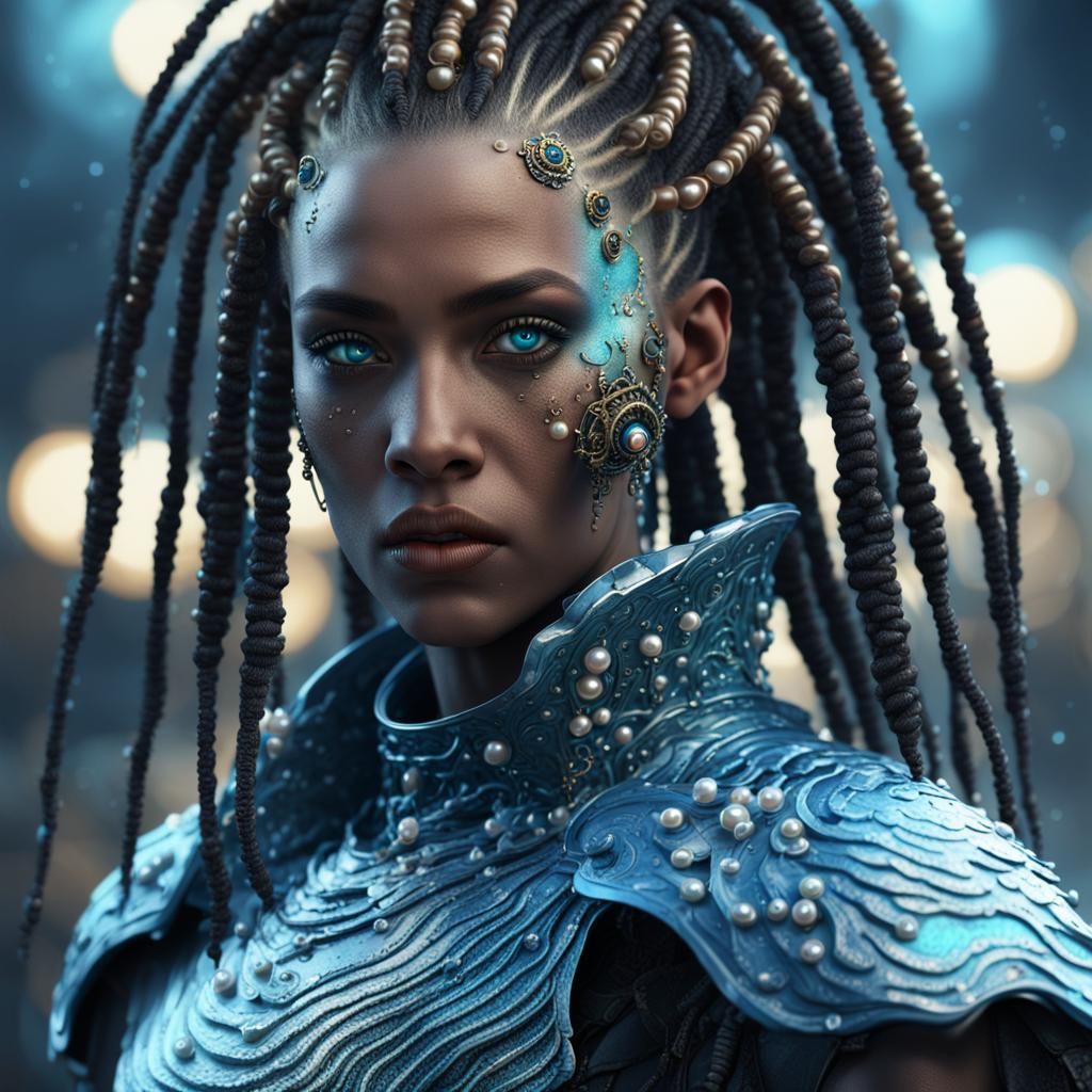 Futuristic Mermaid Warrior with Pearl Dreads