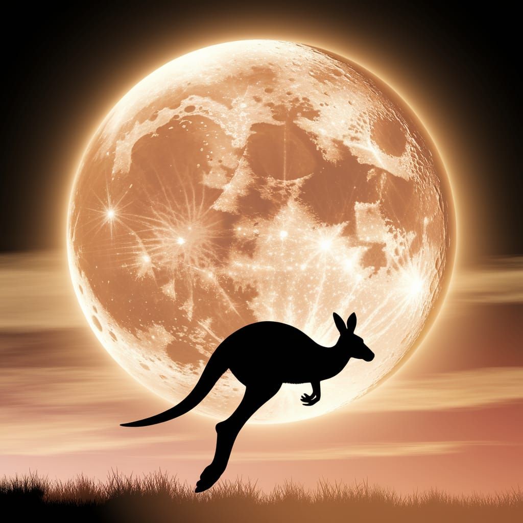 Kangaroo Silhouette Leaping Before a Luminous Moon
