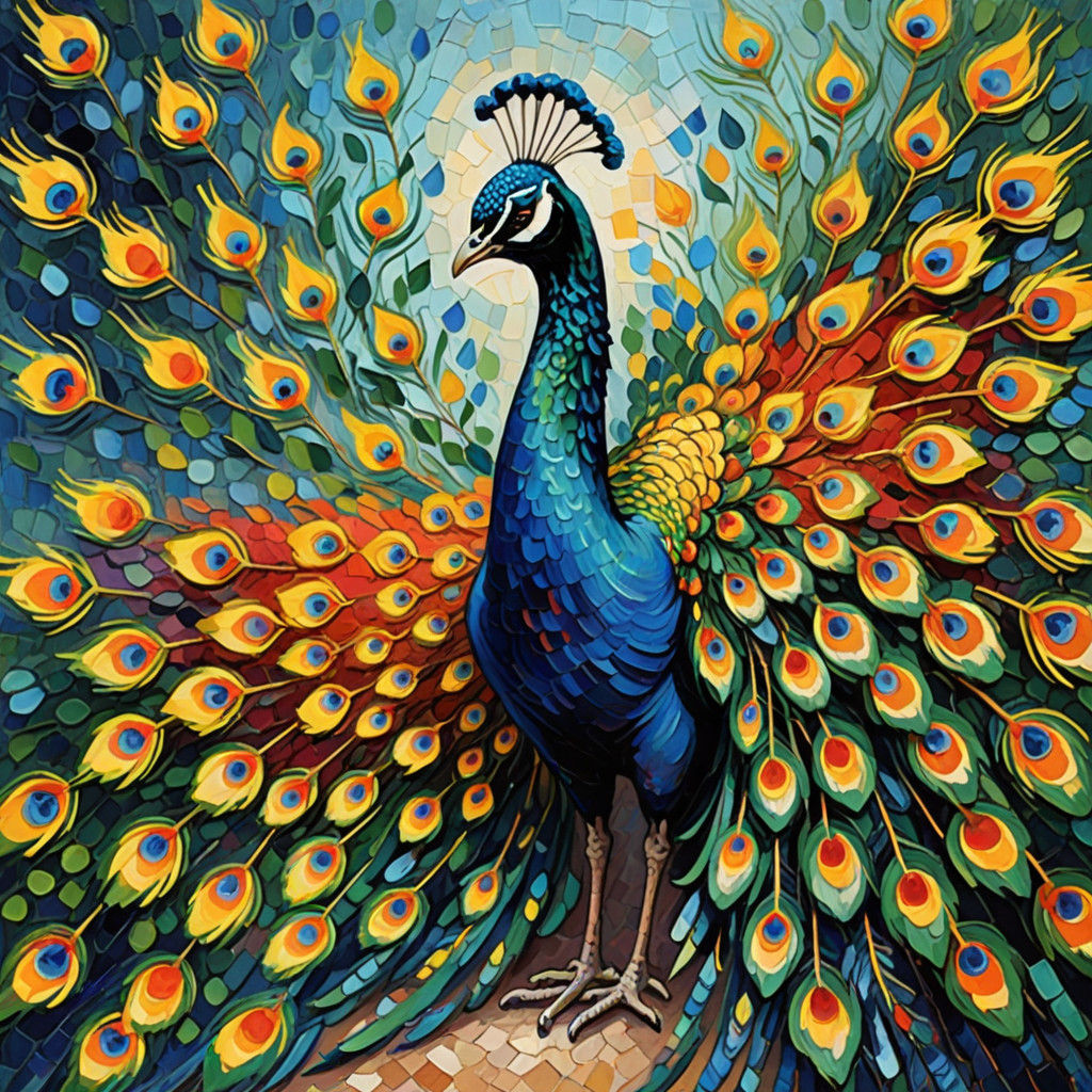 Vibrant Neo-Impressionist Peacock in Full Regalia