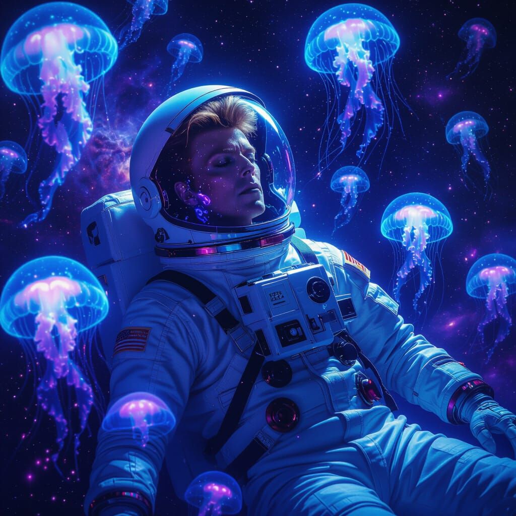David Bowie as Astronaut in Space with Bioluminescent Jellyf...