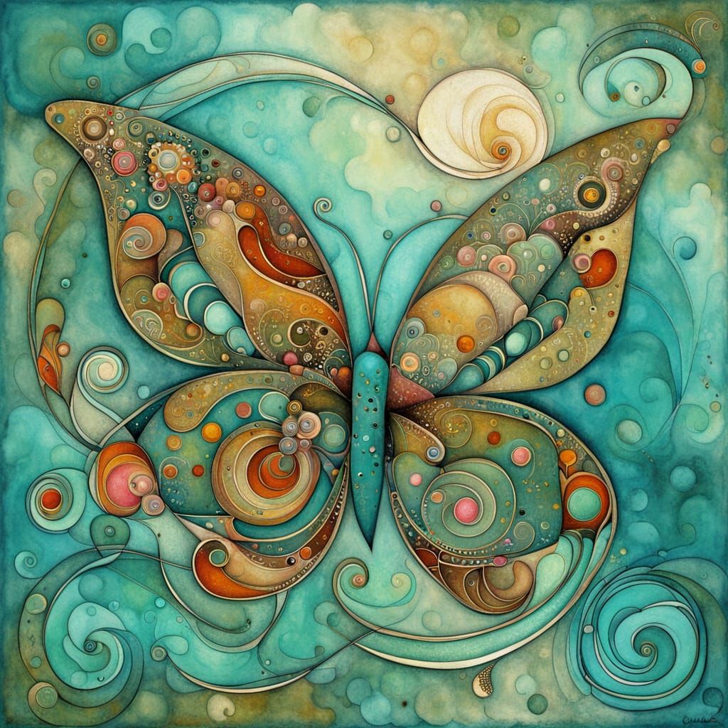 Butterfly and Carnation: Ink Painting with Geometric Swirls