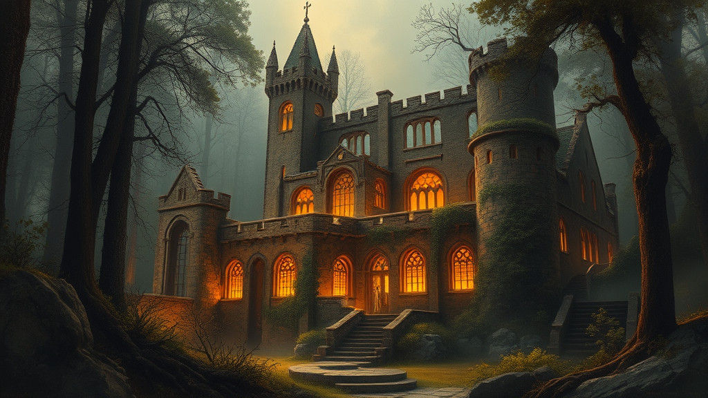 Golden Castle Ruins in Overgrown Mystical Forest