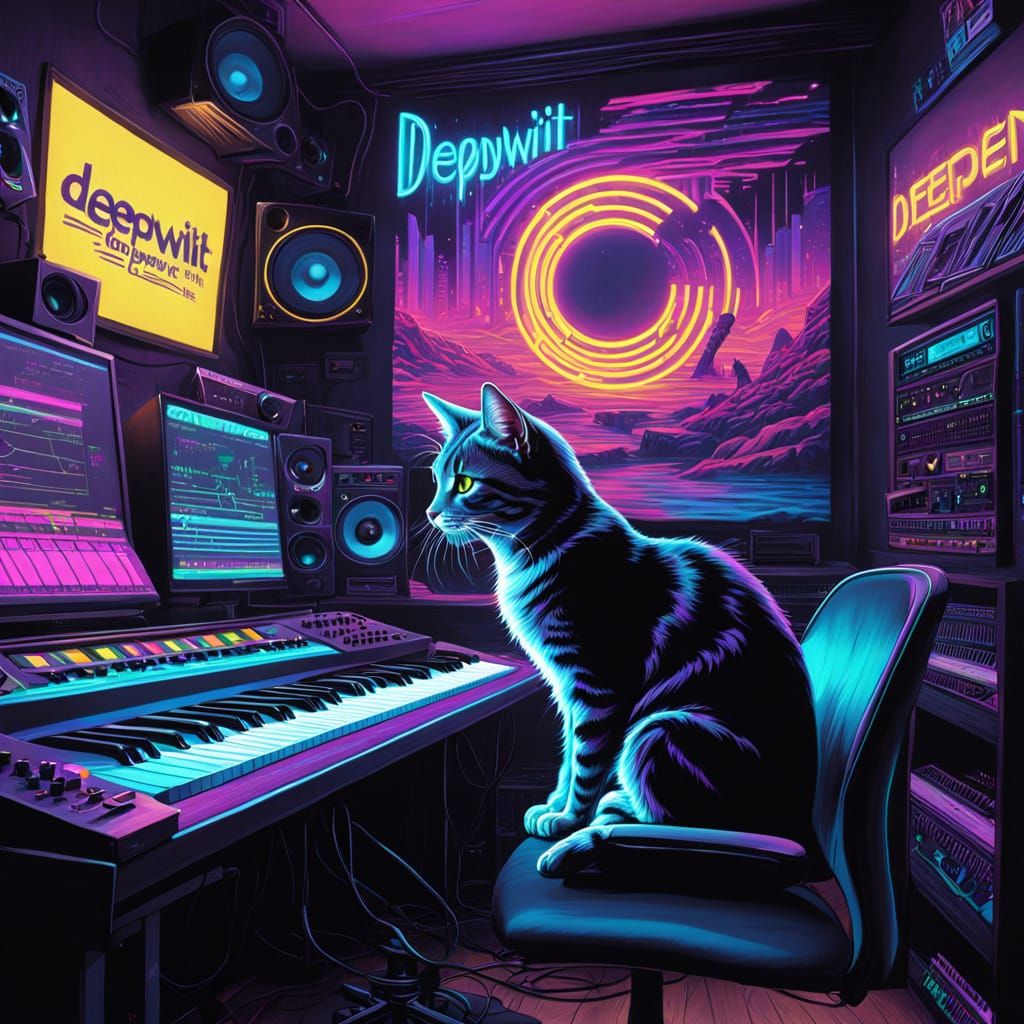 Hyper Realistic Cat in Neon Recording Studio