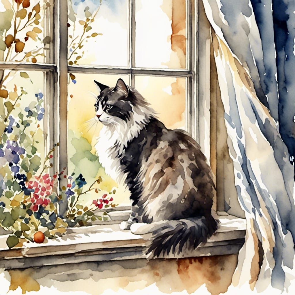 Cat on Window Sill in Antique Watercolor Style