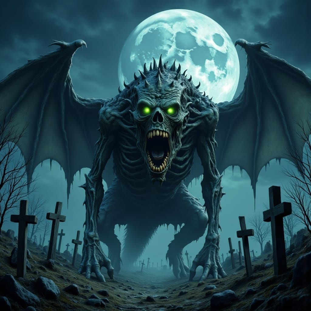 Cyberpunk Zombie Dragon Emerges from Graveyard Shadows