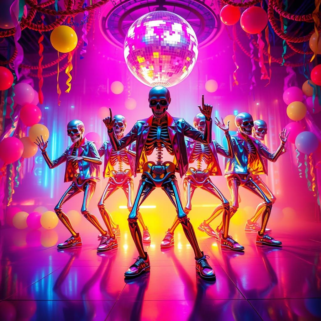 Neon Skeletons Breakdancing in Retro-Futuristic Disco