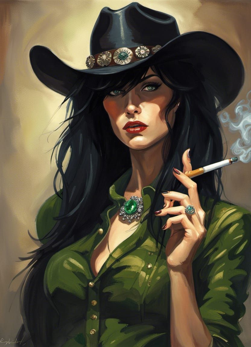 Cowgirl with Black Hair Smoking, Sinister Style