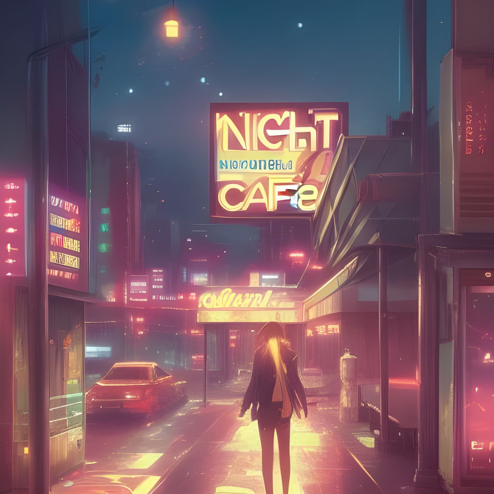 Night Cafe Billboard in Anime Style