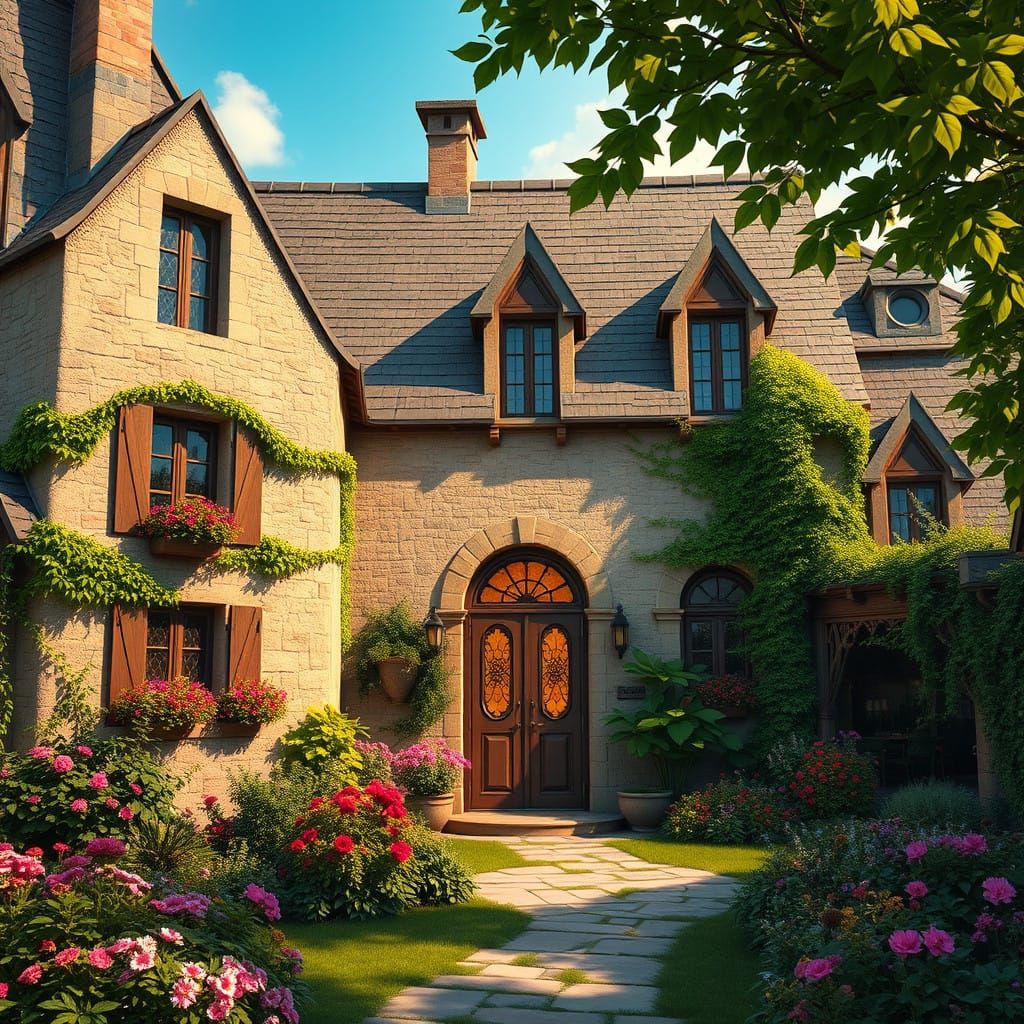 Rustic French Cottage in Vibrant Garden