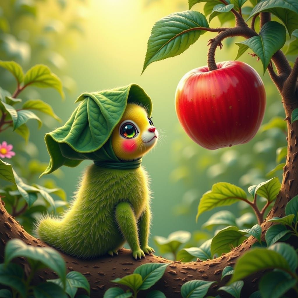 Wooly Caterpillar Finds Giant Apple, Storybook Illustration
