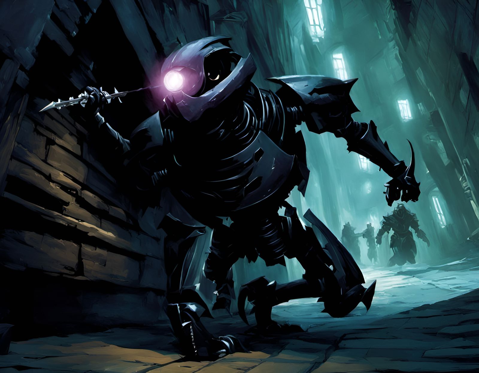 "Shadowed Rogue-Bot: This ninja-inspired Phyrexian automaton is depicted in its stealthy pursuit, with its metallic form...