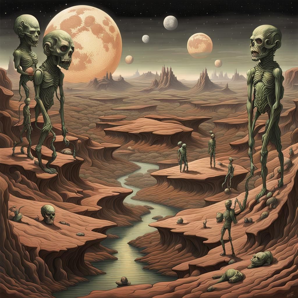 Grotesque Nightmarish Landscapes with Distorted Figures