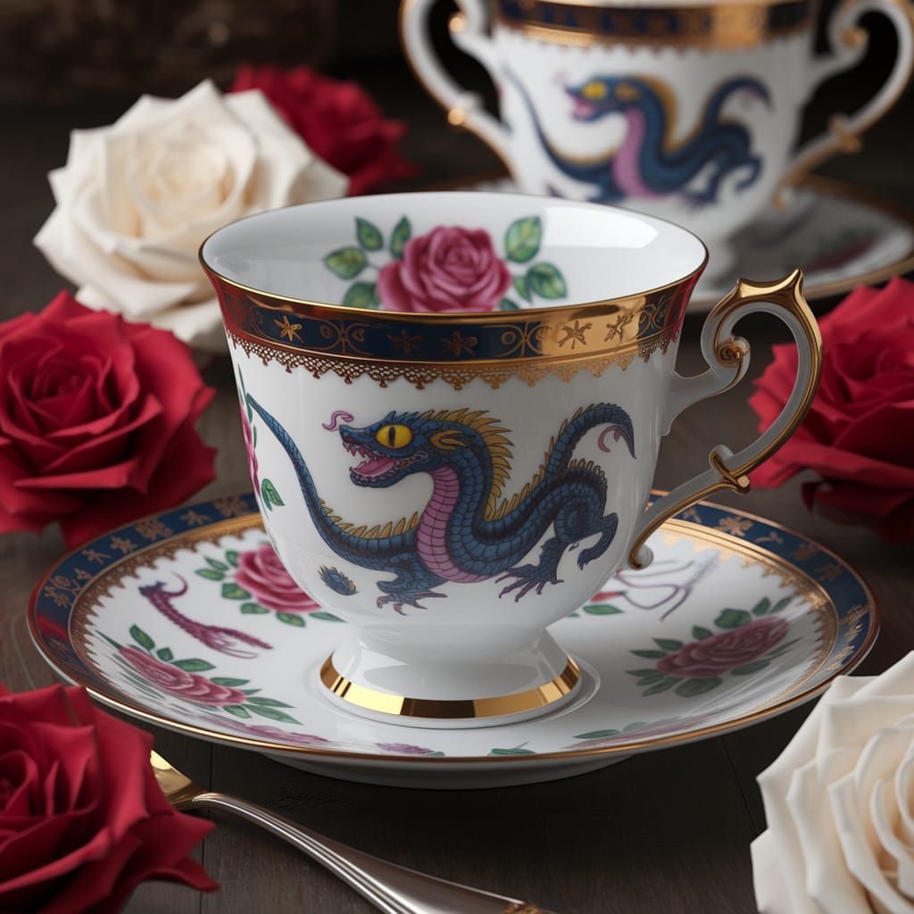 Basilisk in Teacup Surrounded by Roses, Oil Painting Style