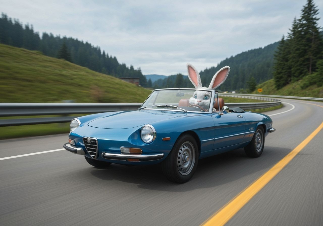 Rabbit Drives Blue 1969 Alfa Romeo Spider