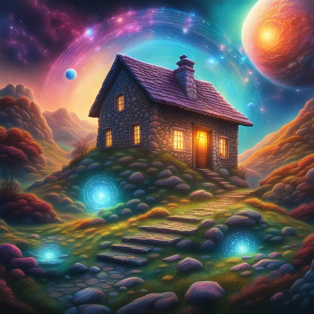 Tranquil Valley House: Holographic Astral Illustration