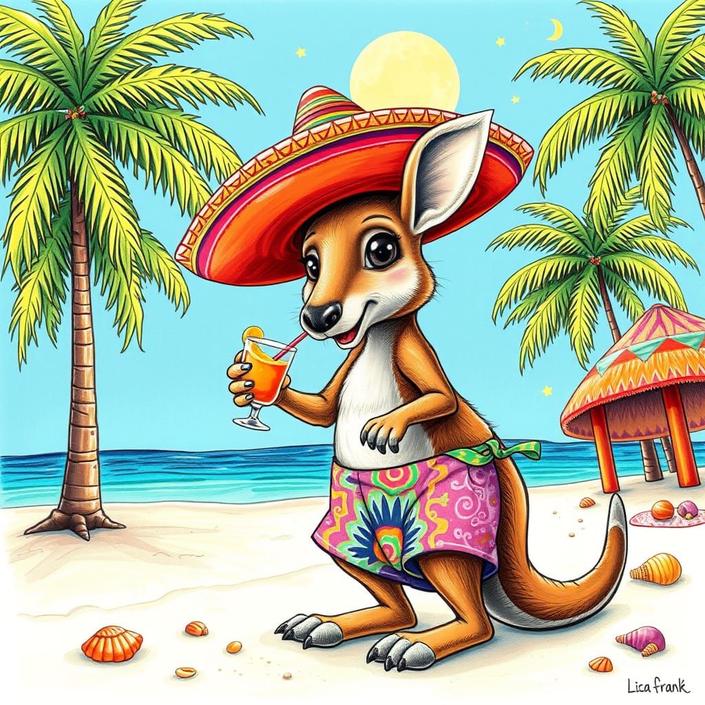 Kangaroo Cocktail on Beach in Psychedelic Rainbow Sketch