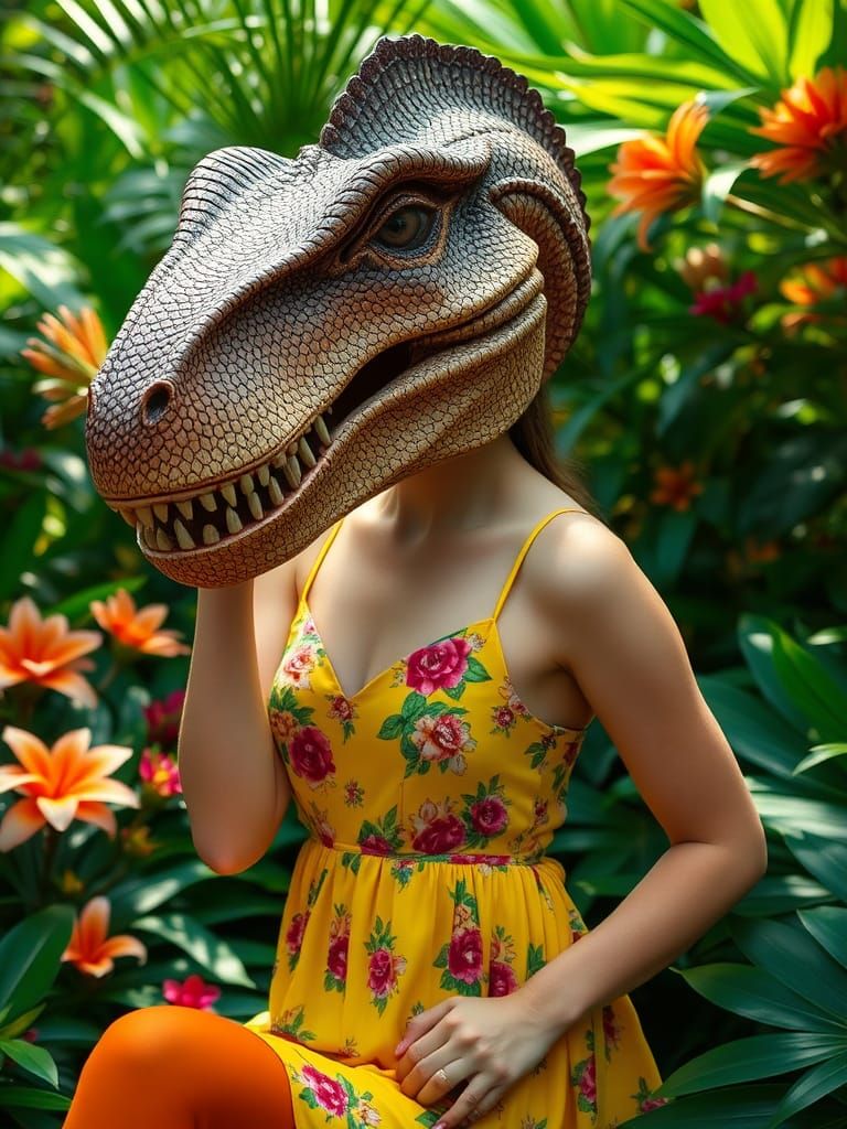 Dinosaur Masked Woman in Jungle: Fine Art Photography