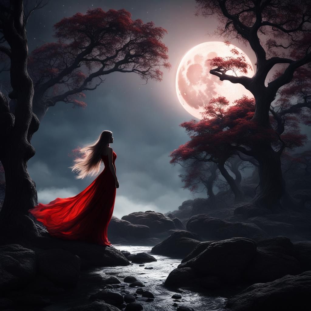 Woman in Red Dress Silhouette Under Moon