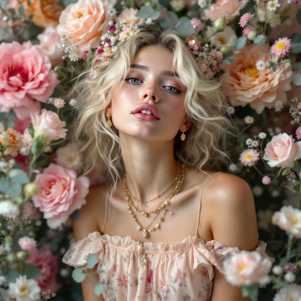 Whimsical Blonde Woman Surrounded by Florals