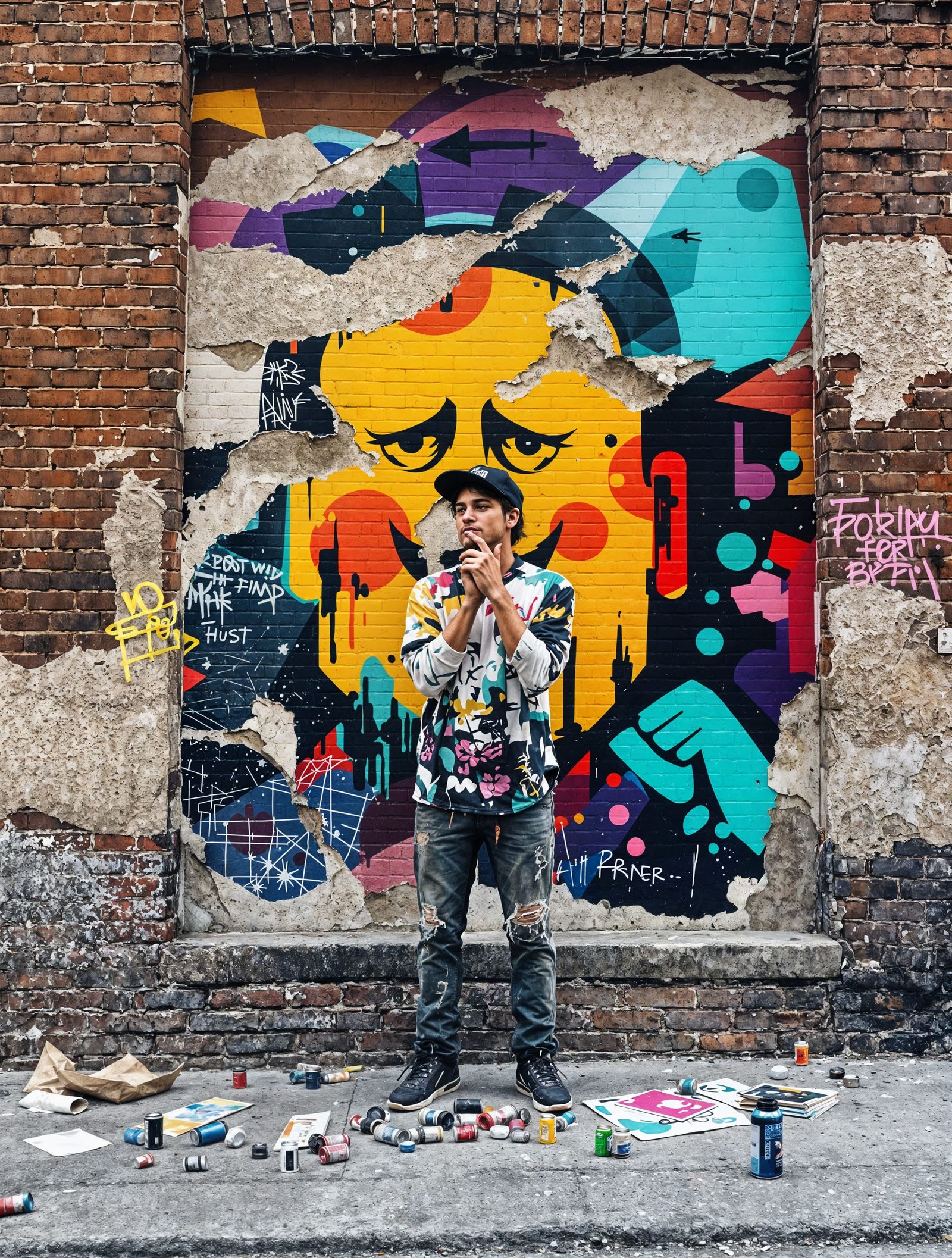 Urban Street Artist in Front of Vibrant Mural