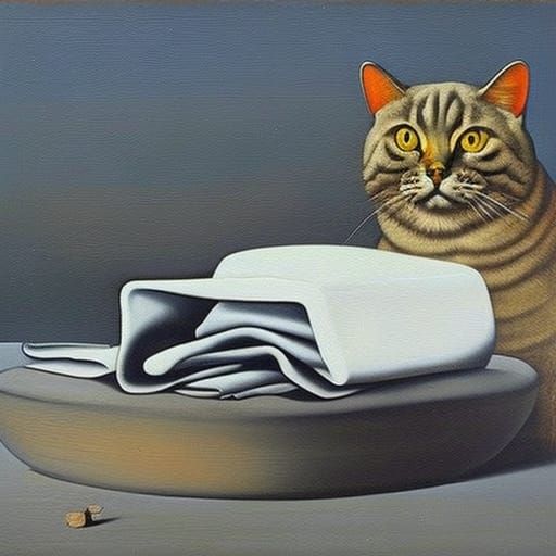 Surreal Cat Reclining Peacefully Eating Meat