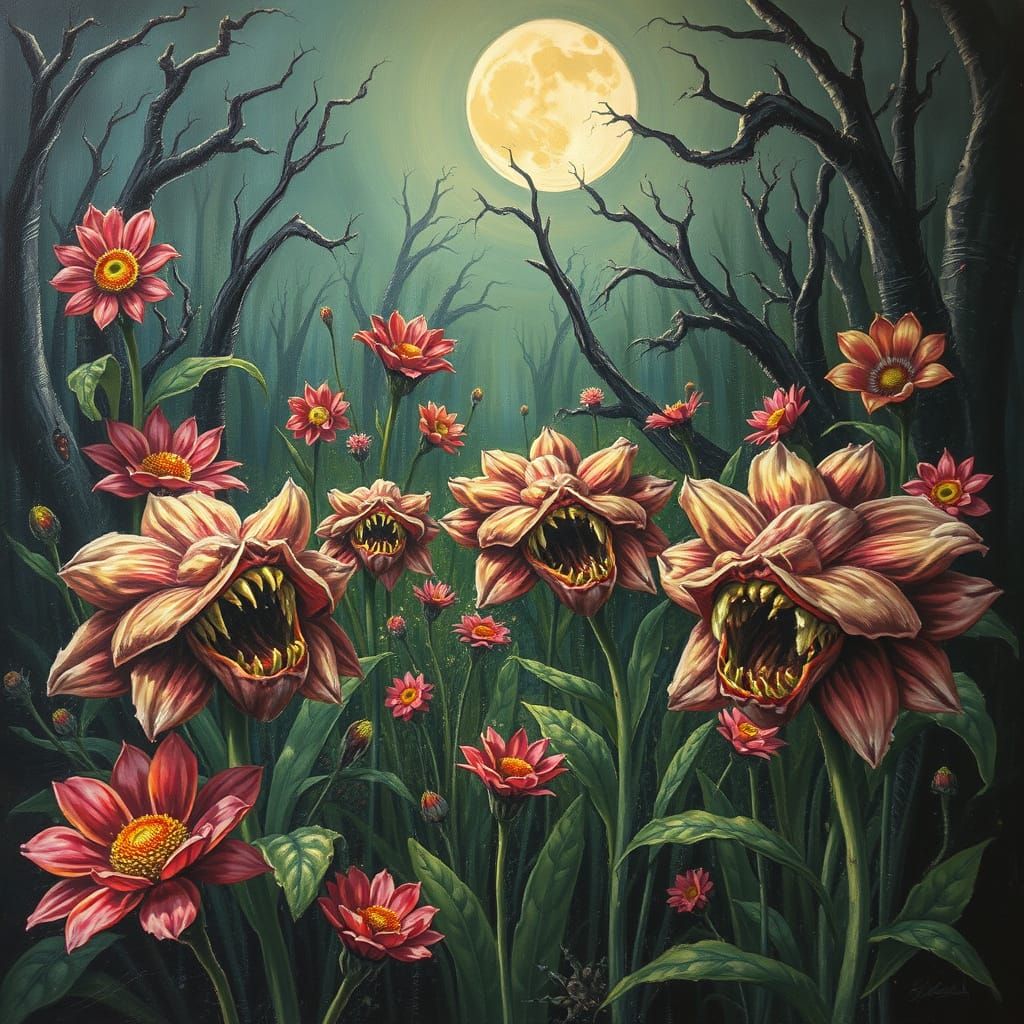 Nightmarish Garden of Carnivorous Plants: An Oil Painting