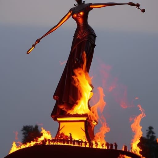 Lady Justice in Burning City, Cartoon Style